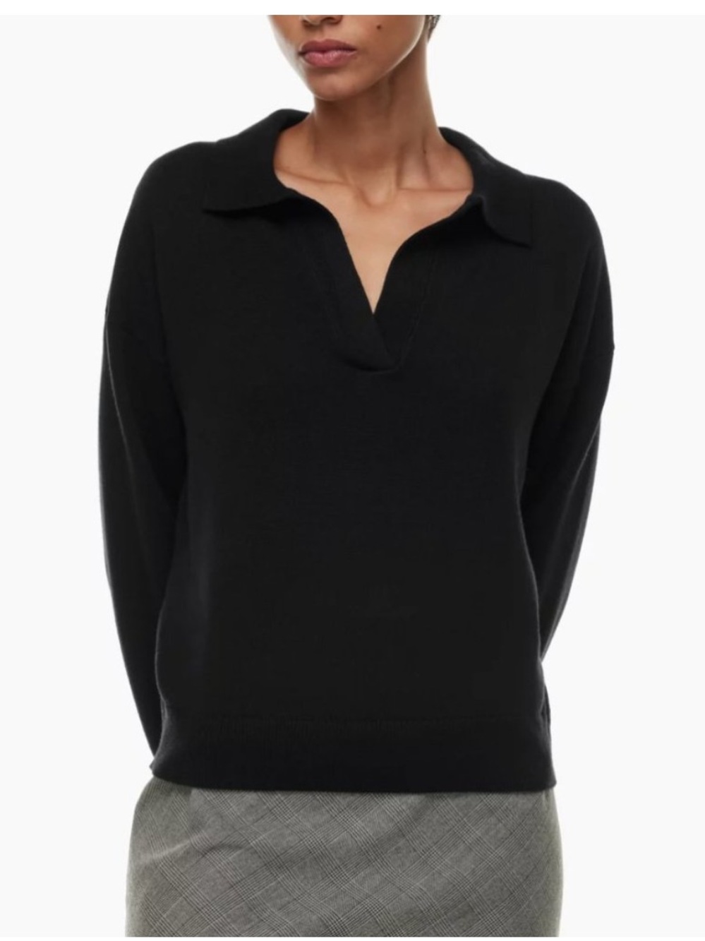 Aritzia Wilfred Black Collared V-Neck Sweater 3/4 Sleeve Medium